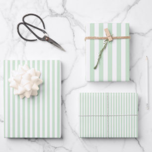 Feuille De Papier Cadeau Vert sauge clair et rayures blanches