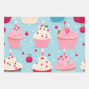 Feuille De Papier Cadeau Vibrant Joyeux Motif de Cupcakes d'anniversaire