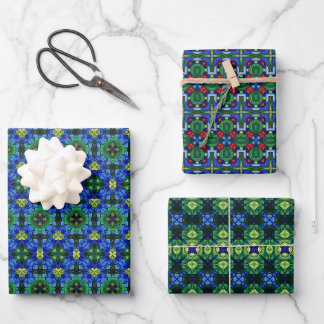 Feuille De Papier Cadeau Vibrant vert géométrique, Bleu Floral Vitrage