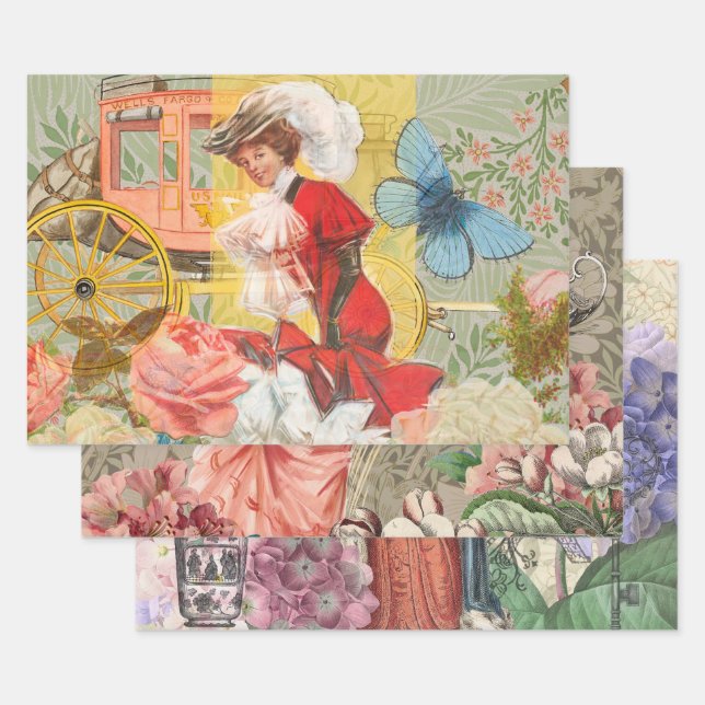 Feuille De Papier Cadeau Victorian Lady Woman Fun Carriage (Lot)