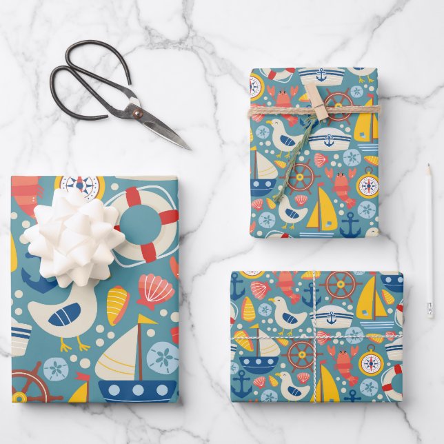 Feuille De Papier Cadeau Vie marine marine marine mignonne (Recto)