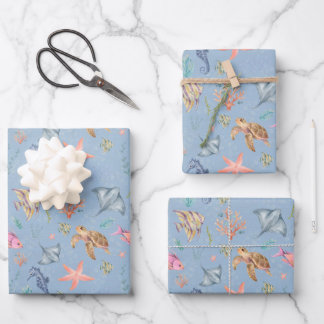 Feuille De Papier Cadeau Vie océanique à l'aquarelle Texturé bleu clair