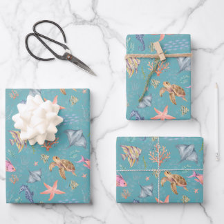 Feuille De Papier Cadeau Vie océanique à l'aquarelle Turquoise texturée