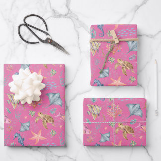 Feuille De Papier Cadeau Vie océanique aquarelle rose texturée