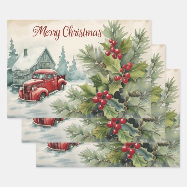 Feuille De Papier Cadeau Vieux Camion Rouge Joyeux Noël (Lot)