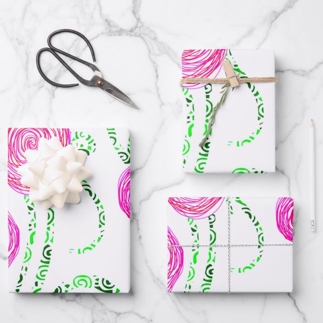 Feuille De Papier Cadeau Vignes vert et rose (Recto)