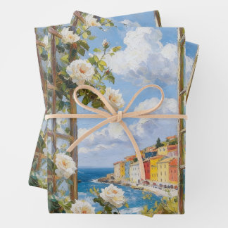 Feuille De Papier Cadeau Village côtier méditerranéen & Roses blanches Wrap