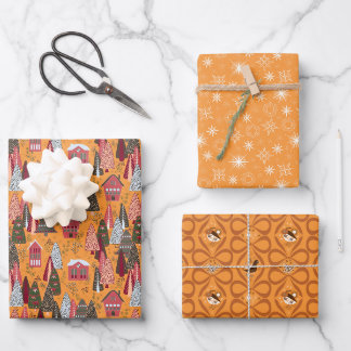Feuille De Papier Cadeau Village de Noël aux oiseaux et orange doré