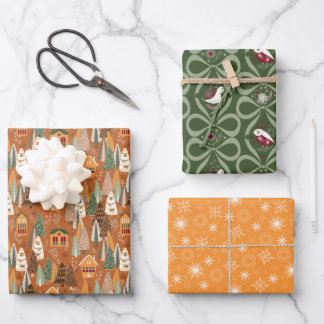 Feuille De Papier Cadeau Village de Noël forêt vert marron orange