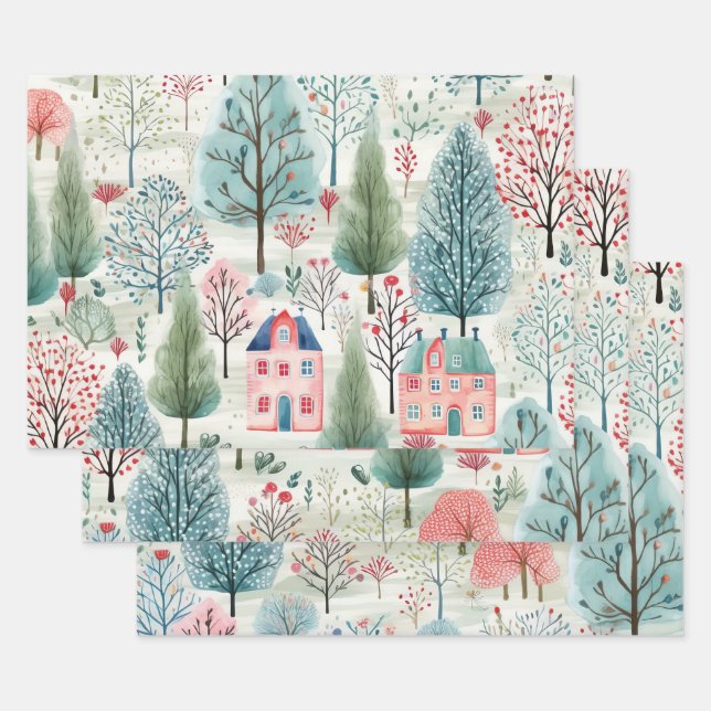 Feuille De Papier Cadeau Village vert Pretty Rose (Lot)