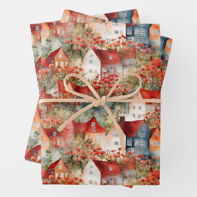 FEUILLE DE PAPIER CADEAU VILLE ET MAISONS DE BLANC CADEAU (En situation)