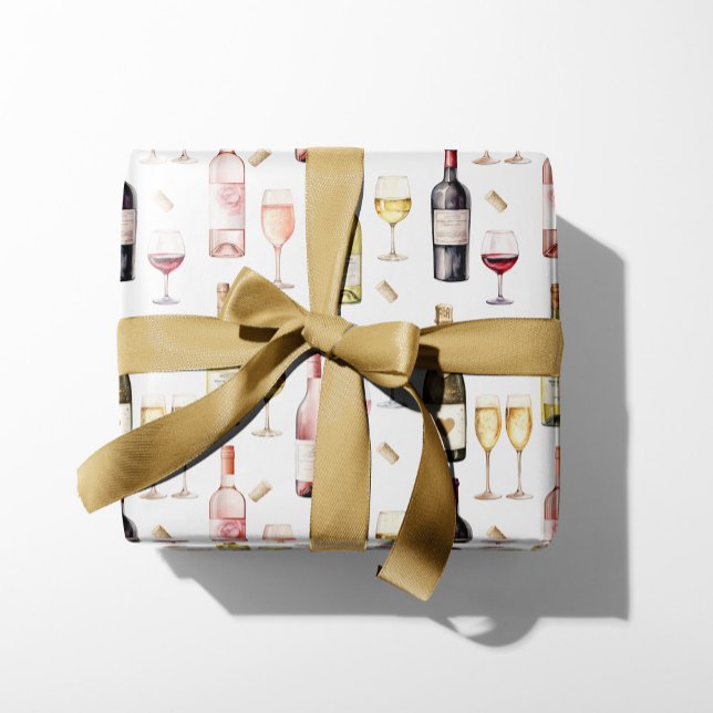 Feuille De Papier Cadeau Vin (Wine Lovers wrapping paper, watercolor bottles of wine and champagne, gift box present)