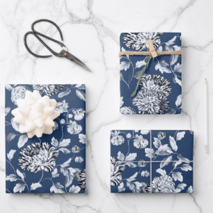 Feuille De Papier Cadeau Vin Floral Dahlias Argent Sur Bleu Marine