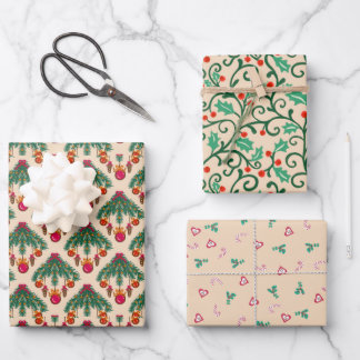 Feuille De Papier Cadeau Vintage beige Christmas twigs and holy vines candy