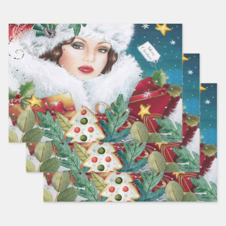 Feuille De Papier Cadeau Vintage belle femme de Noël