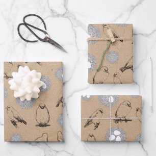 Feuille De Papier Cadeau Vintage Birds & Nid Rustic Kraft Brown