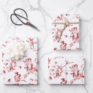 Feuille De Papier Cadeau Vintage Cherub Cupid Angels Floral Rouge Toile