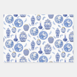 Feuille De Papier Cadeau Vintage de jarres chinoises à gingembre bleu et bl