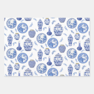 Feuille De Papier Cadeau Vintage de jarres chinoises à gingembre bleu et bl