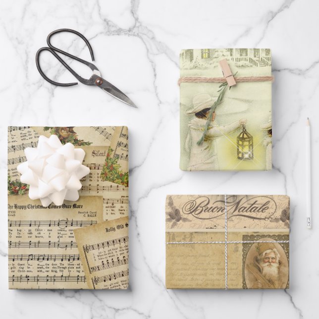 Feuille De Papier Cadeau Vintage de Noël victorien Musique & Scènes de Fête (Recto)