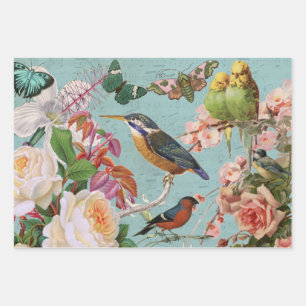 Feuille De Papier Cadeau Vintage Ephemera Roses Papillons et oiseaux Collag