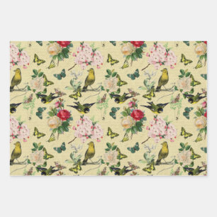 Feuille De Papier Cadeau Vintage Ephemera Roses papillons et oiseaux Motif