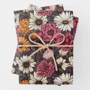Feuille De Papier Cadeau Vintage Floral Antique Marine bleu rose Fleurs