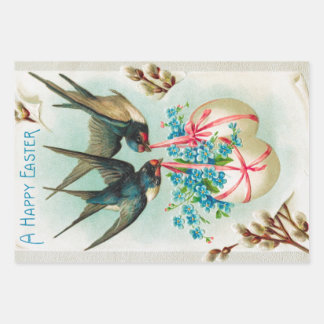 Feuille De Papier Cadeau Vintage hirondelle Couple et Floral Oeufs de Pâque