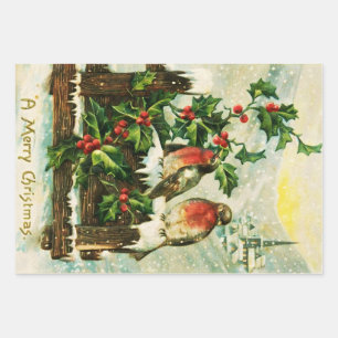 Feuille De Papier Cadeau Vintage Holly et oiseaux Noël