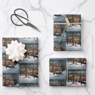 Feuille De Papier Cadeau Vintage Noël paysage enneigé