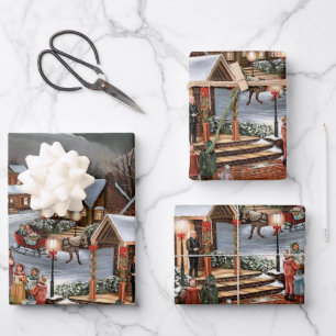 Feuille De Papier Cadeau Vintage Noël paysage enneigé