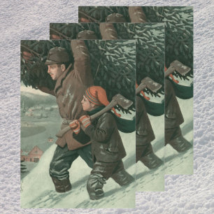 Feuille De Papier Cadeau Vintage Noël, père et fils abattus un arbre