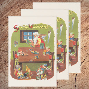 Feuille De Papier Cadeau Vintage Noël Père Noël avec elfes dans l'atelier