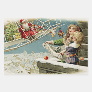 Feuille De Papier Cadeau Vintage Noël Père Noël dans l'avion et les enfants