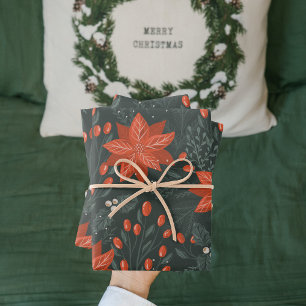 Feuille De Papier Cadeau Vintage Noël Rouge Poinsettia Motif