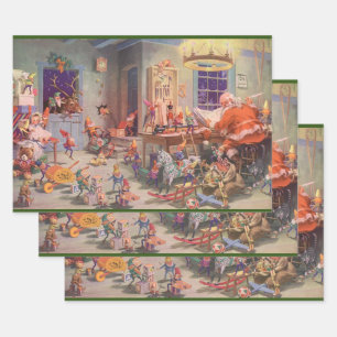 Feuille De Papier Cadeau Vintage Noël, Santa Claus avec Elves Atelier