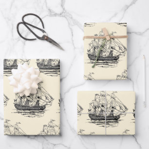 Feuille De Papier Cadeau Vintage Pirates Galleon, croquis d'un navire à 74 