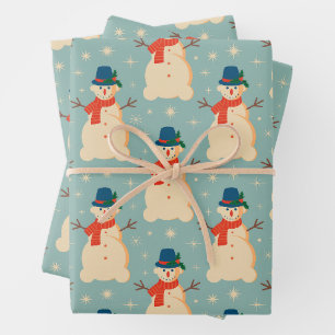 Feuille De Papier Cadeau Vintage Retro Noël Snowman Bleu clair