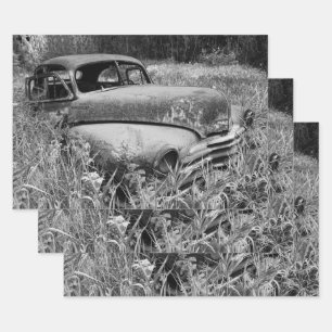 Feuille De Papier Cadeau Vintage Russe Noir et Blanc Voiture Antique