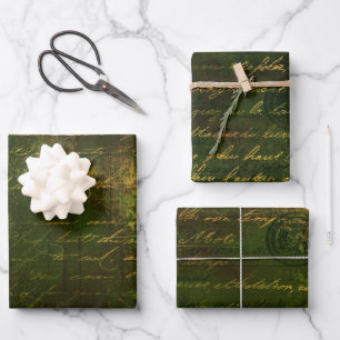 Feuille De Papier Cadeau Vintage Script Moss Green Gold Grunge