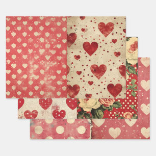 Feuille De Papier Cadeau Vintage Shabby Chic Half Mix Red Floral Heart Spot