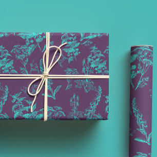 Feuille De Papier Cadeau Violet foncé et bleu clair Poison Flower Line Art