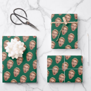 Feuille De Papier Cadeau Visage Drôle Vert Photo Personnalisée Anniversaire