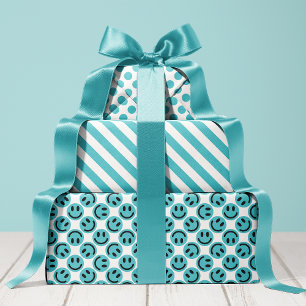 Feuille De Papier Cadeau Visage Heureux Bleu Rayures et Points