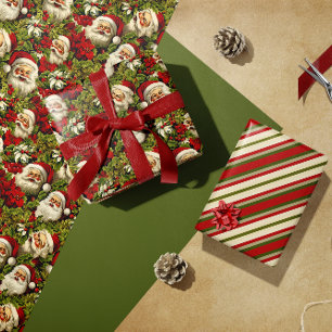 Feuille De Papier Cadeau Visages du Père Noël rétro et Holly
