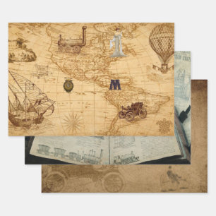 Feuille De Papier Cadeau Vitage Steampunk Thème Ancien Monde Carte, Ingénie