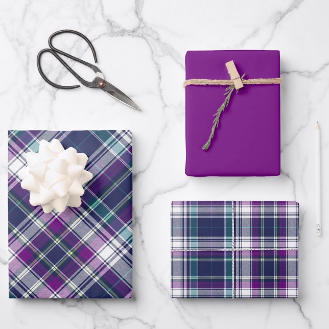 Feuille De Papier Cadeau Vivid violet, bleu et vert plaid (Recto)