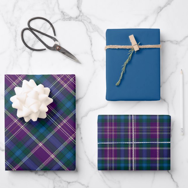 Feuille De Papier Cadeau Vivid violet, vert et bleu plaid (Recto)