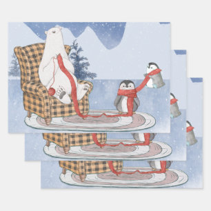 Feuille De Papier Cadeau Vœux chaleureux d'hiver Ours polaire Tricot Écharp