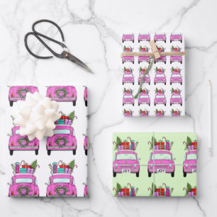 Feuille De Papier Cadeau Voiture rose avec cadeaux de Noël